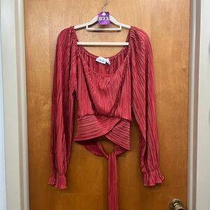 Willow and root Red Pleated long sleeve Blouse with Tie Detail